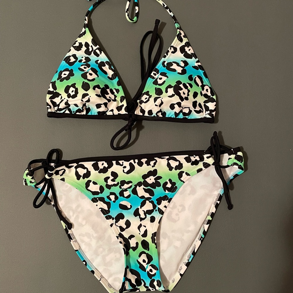 Blue green and white leopard print bikini